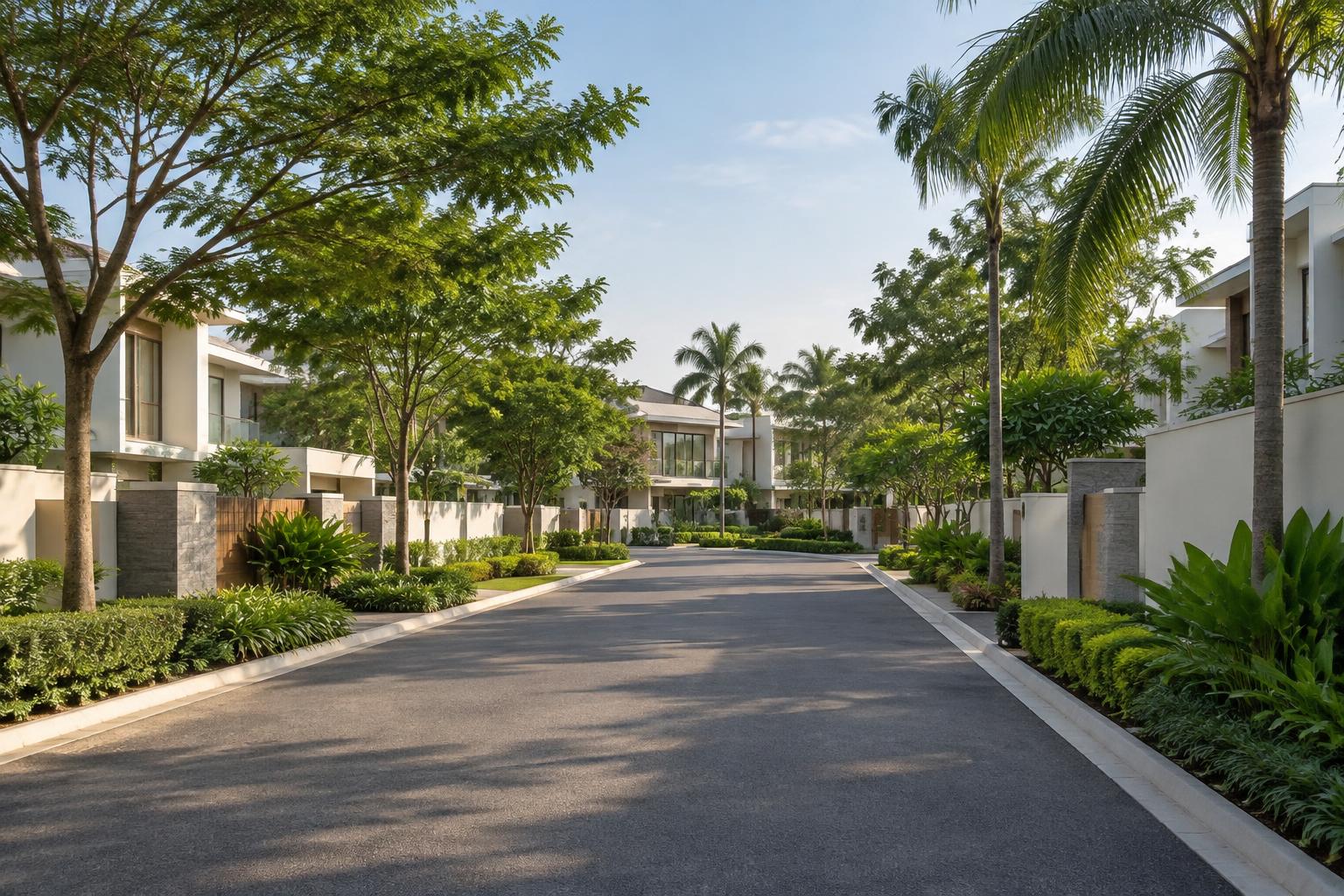 Tree-lined residential street and home concepts