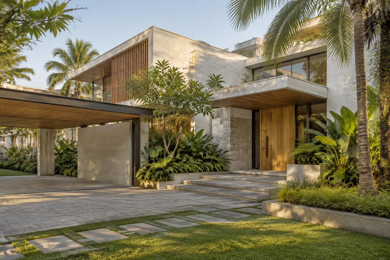 Modern detached residence in a tropical garden